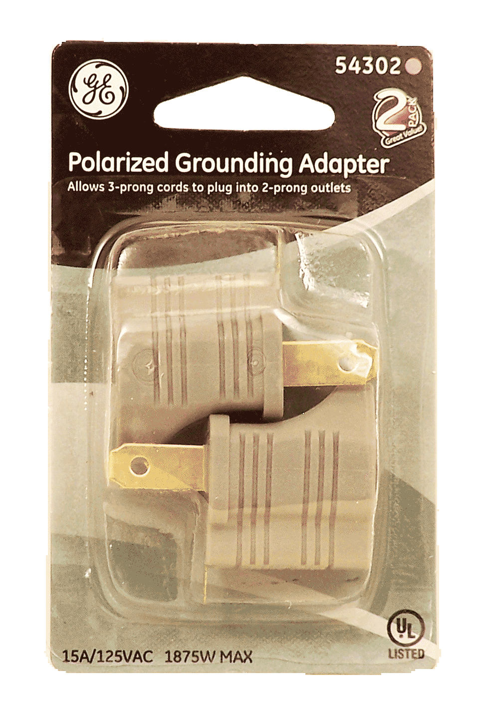 General Electric  vinyl grounding adapter, polarized, allows 2 slot outlets to accept 3-prong plugs Full-Size Picture